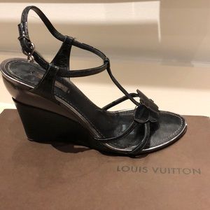 Louis Vuitton, Shoes, Louis Vuitton Blue Monogram Denim Tstrap Cork Wedges  Sandals